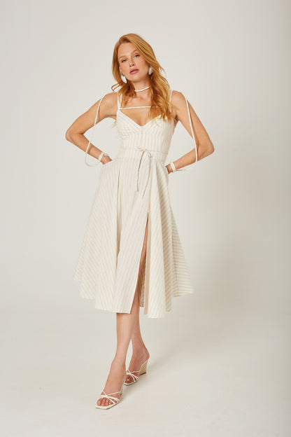Vestido Midi Jaquard Rayas Beige Plata