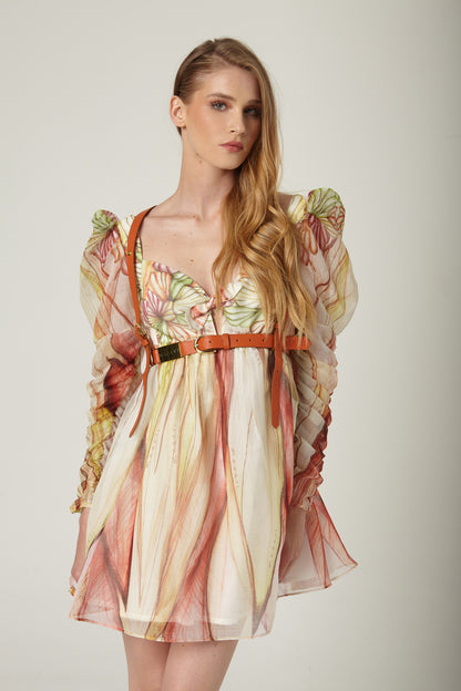 Vestido Corto Organza Escote Nudo Hojas