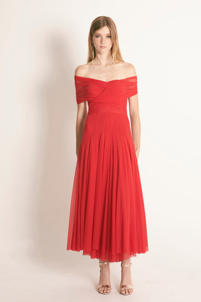 Vestido Quillas Tull Midi Rojo