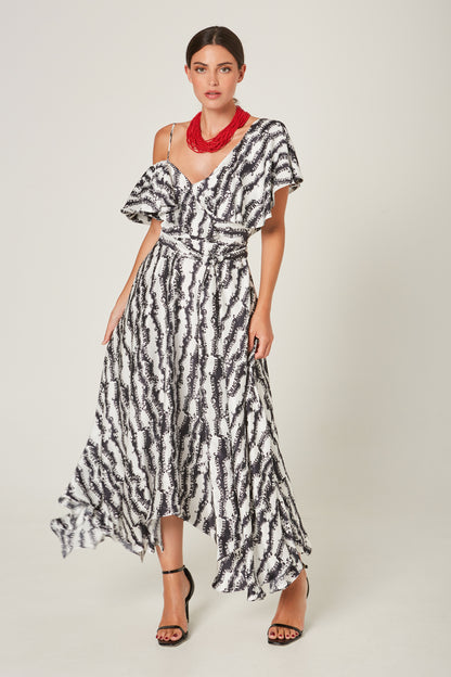 Vestido Midi Escote Volantes Estampado Cebra
