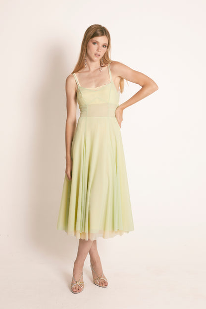 VESTIDO MIDI TULL MESH TIN VERDE PASTEL