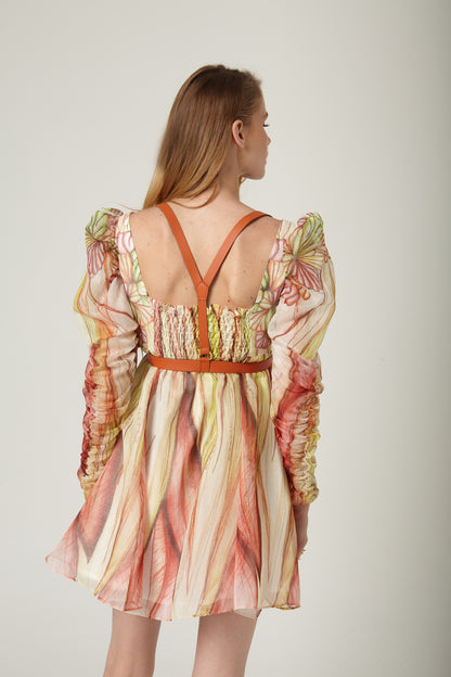 Vestido Corto Organza Escote Nudo Hojas