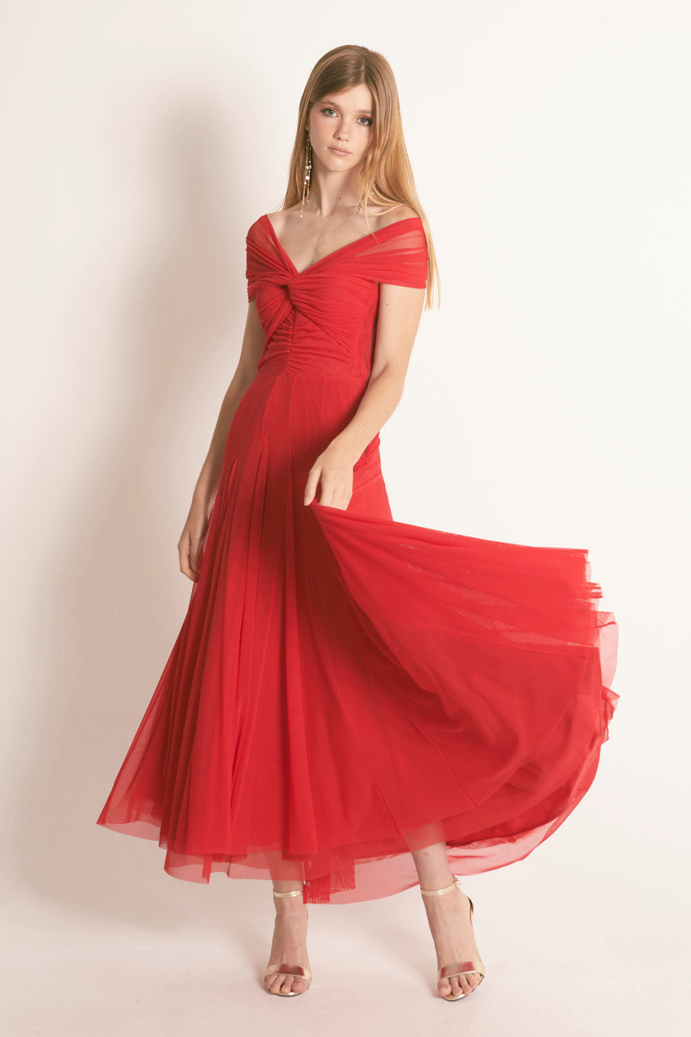 Vestido Quillas Tull Midi Rojo