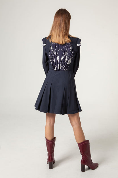 Vestido Tablas Espalda Frunce Azul Marino