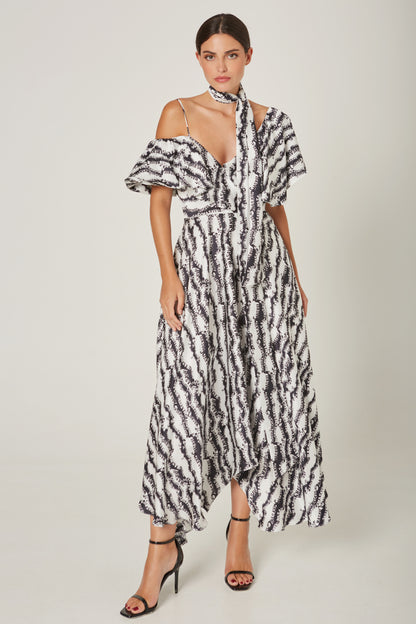 Vestido Midi Escote Volantes Estampado Cebra