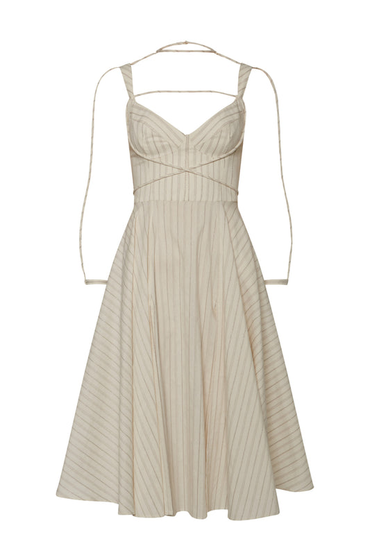 Vestido Midi Jaquard Rayas Beige Plata