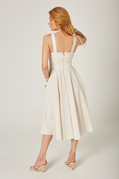 Vestido Midi Jaquard Rayas Beige Plata