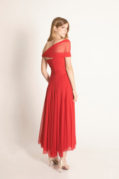 Vestido Quillas Tull Midi Rojo