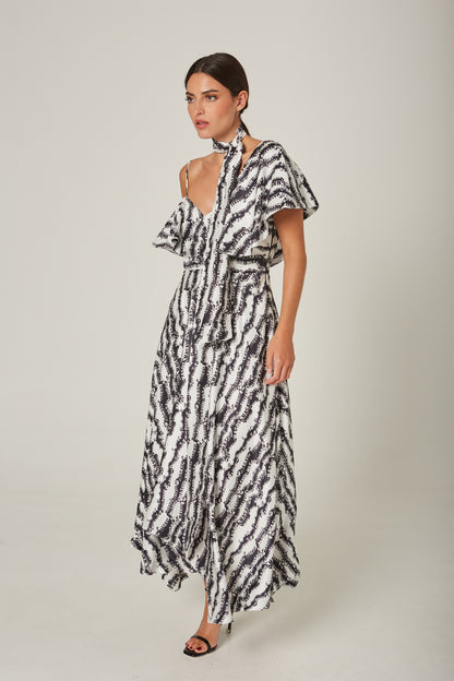 Vestido Midi Escote Volantes Estampado Cebra