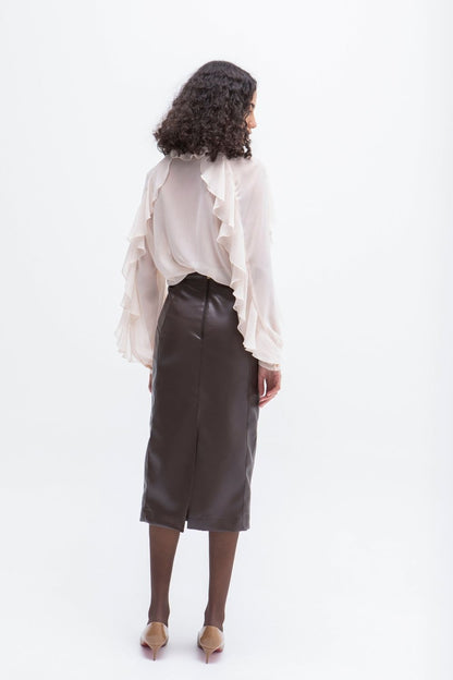 FALDA FRUCE CINTURA ECOPIEL PISOLO MARRON