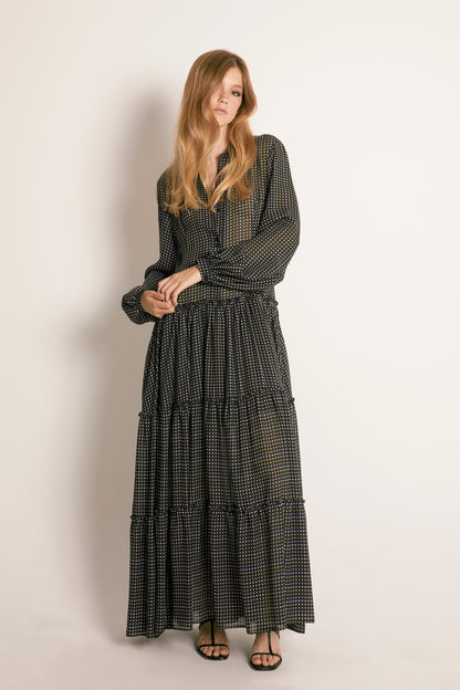 MAXI VESTIDO GEORGETTE  LUNARES NEGRO