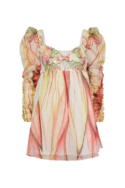 Vestido Corto Organza Escote Nudo Hojas